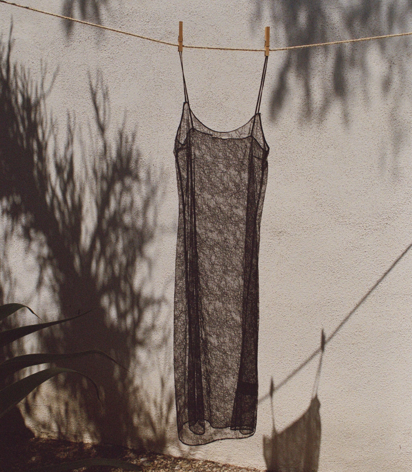 A sheer black lace slip dress hanging from a rope clothesline with wooden clothespins against a textured off-white wall, with strong tree shadows cast across it.