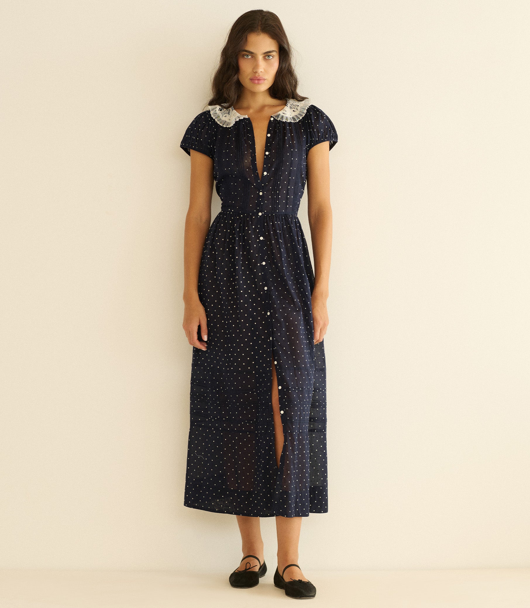 AMÉRIE DRESS -- NAVY FLOCK DOT view 3
