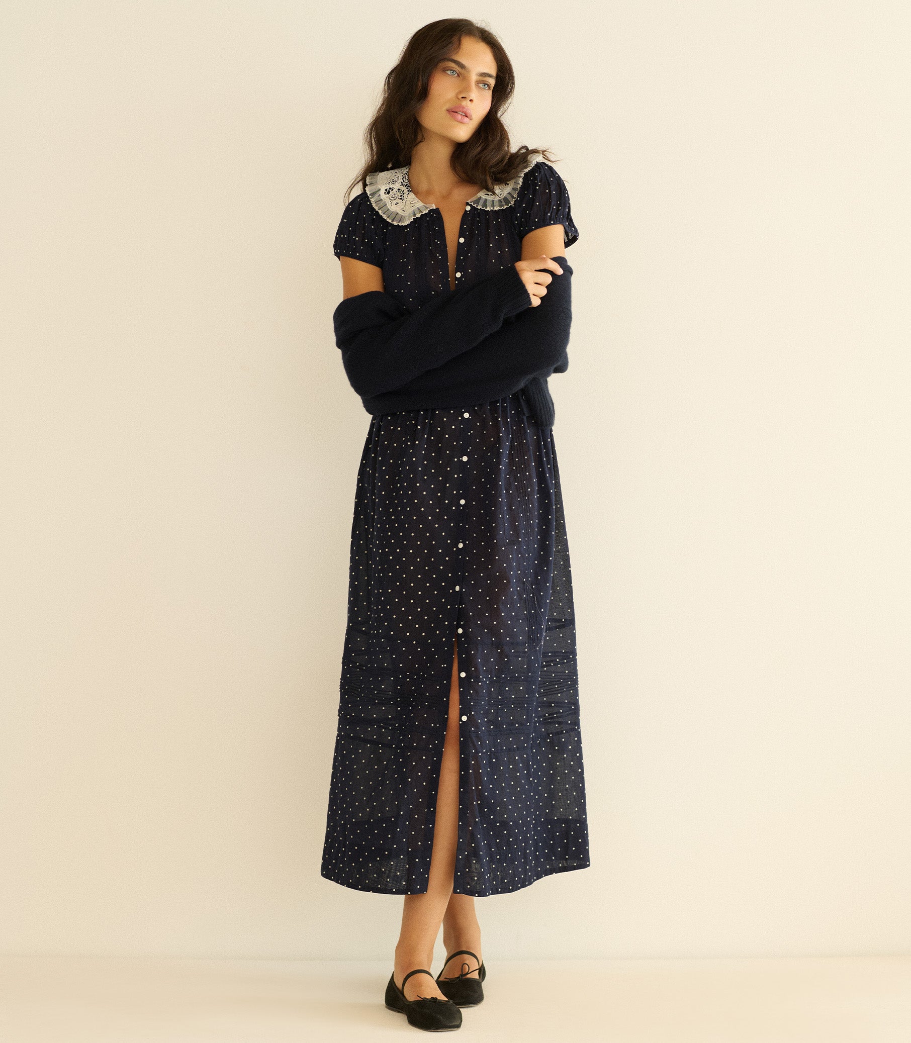 AMÉRIE DRESS -- NAVY FLOCK DOT view 5
