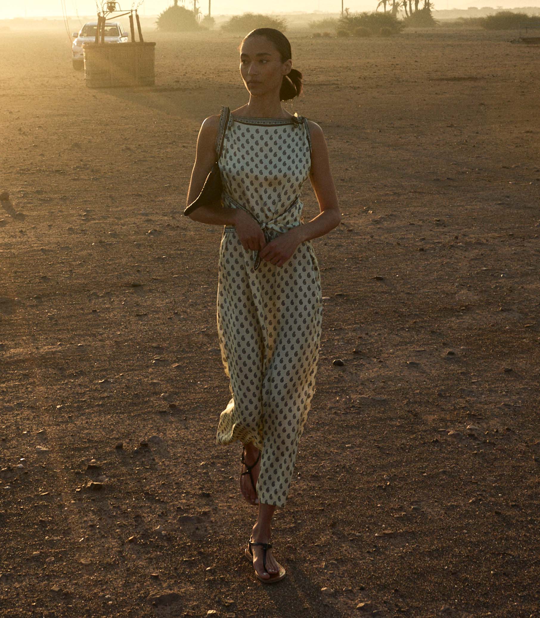 Woman in a paisley dress standing in a desert landscape with a sunset.