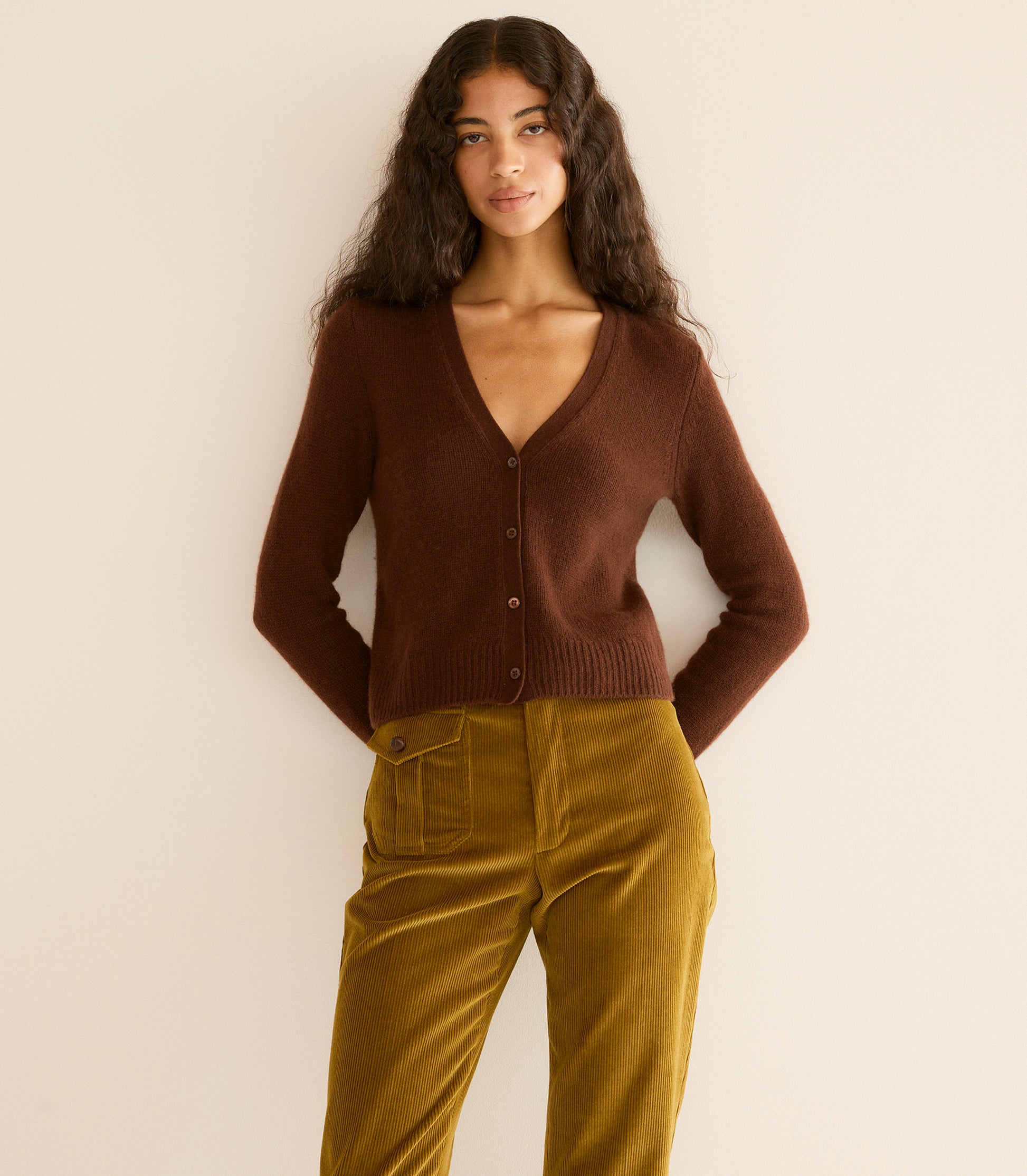 CAMERON CASHMERE CARDIGAN -- DARK UMBER view 1
