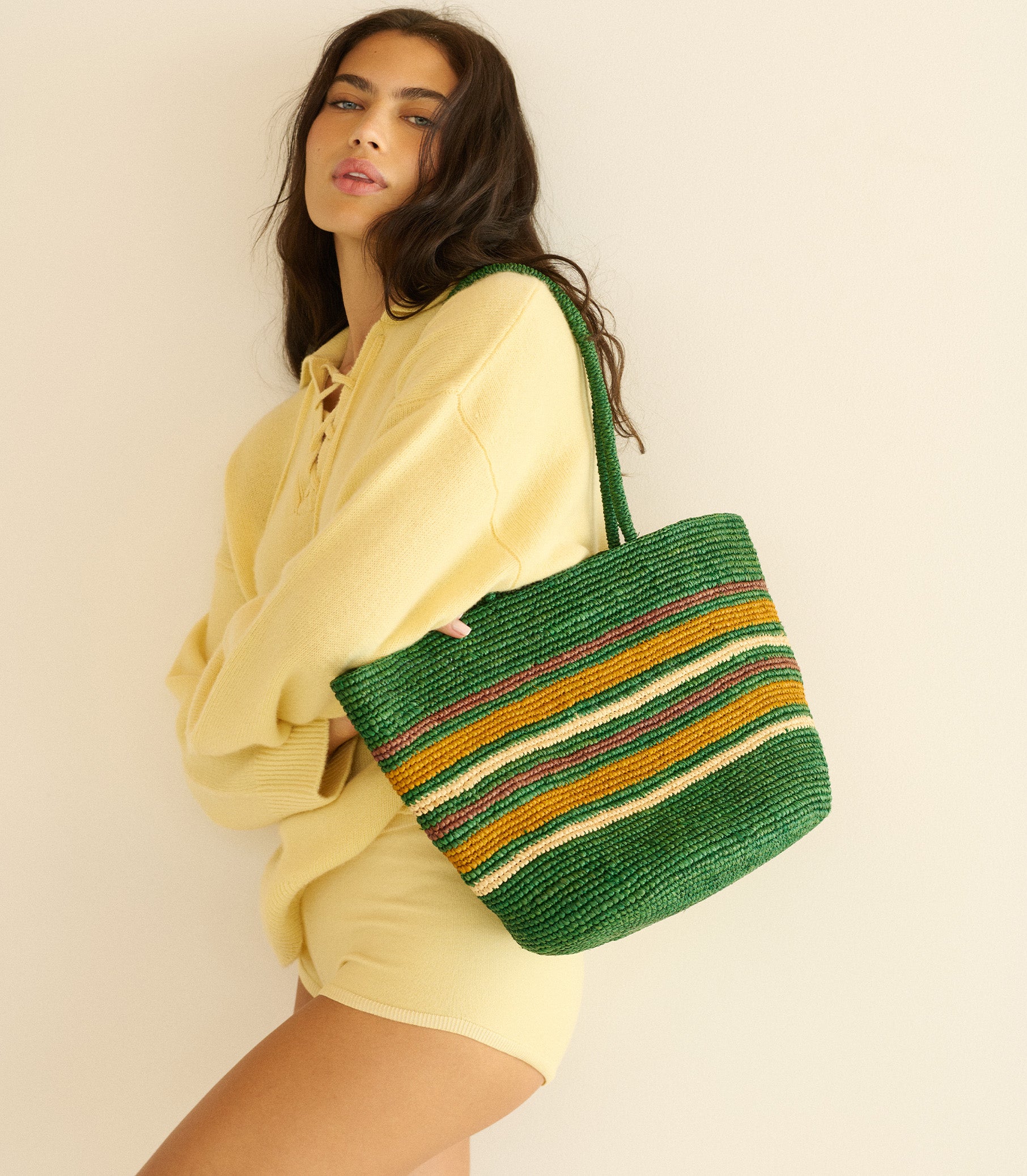 HARBOUR TOTE -- GREEN STRIPED RAFFIA view 2
