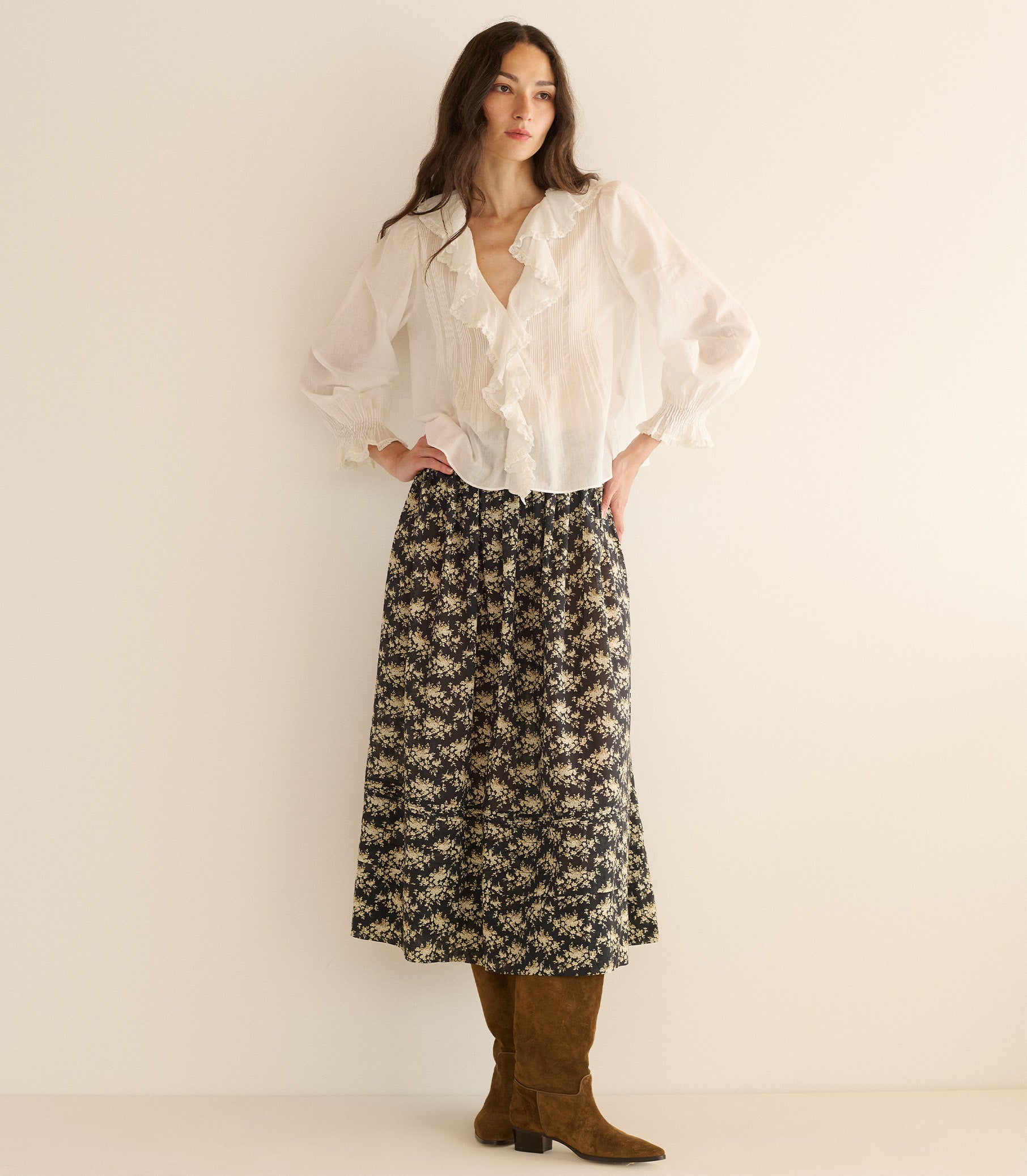 Woman wearing a white blouse and floral skirt against a plain background 1
