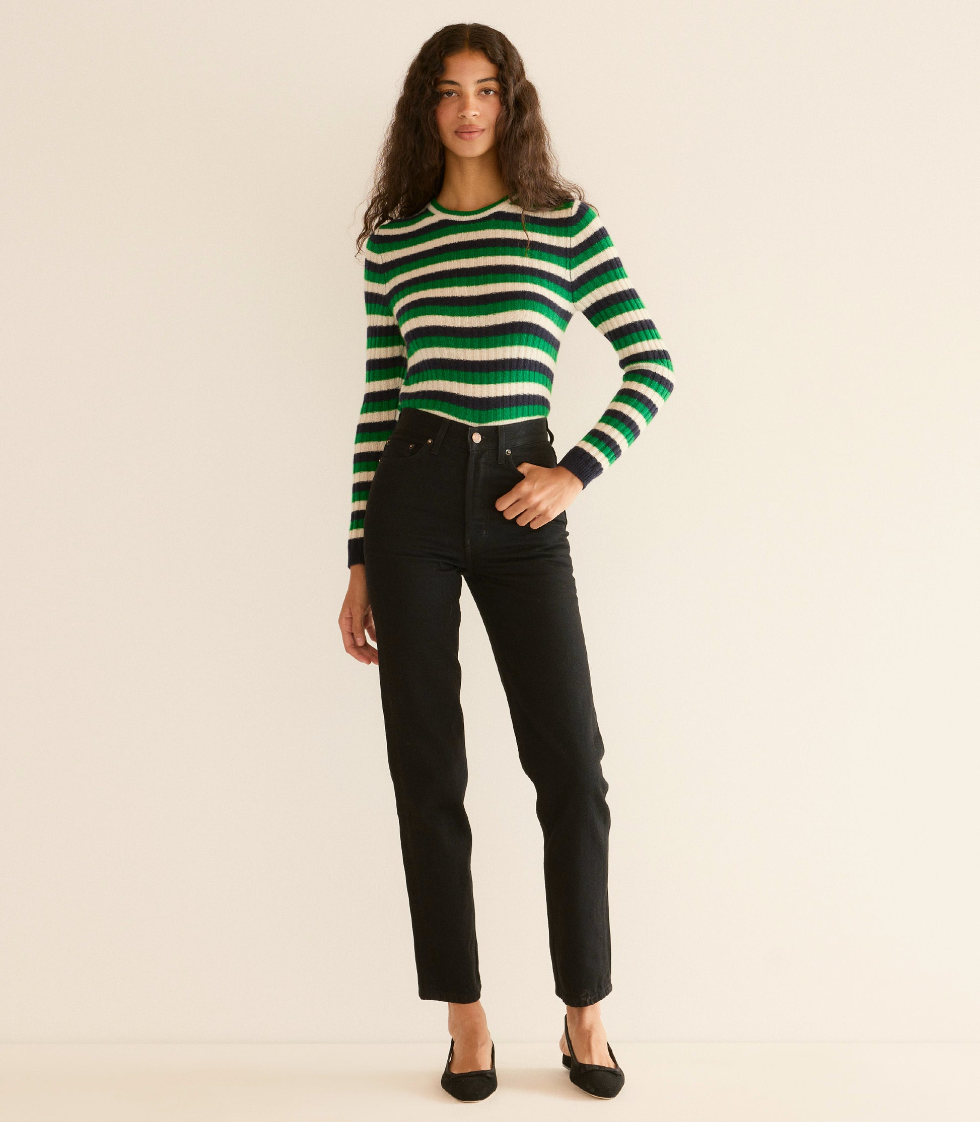 HYERES CASHMERE SWEATER -- VERT CARRINGTON STRIPE view 2
