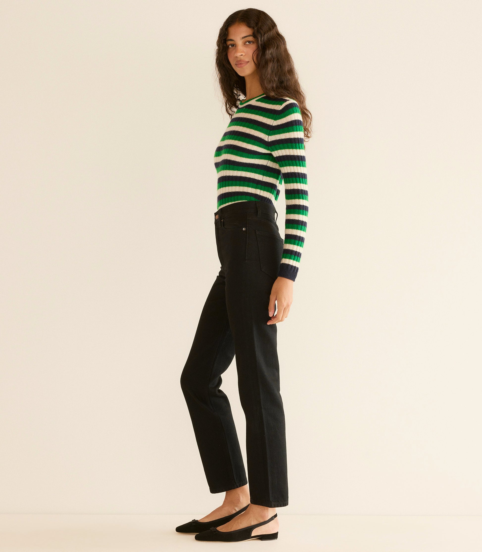 HYERES CASHMERE SWEATER -- VERT CARRINGTON STRIPE view 3
