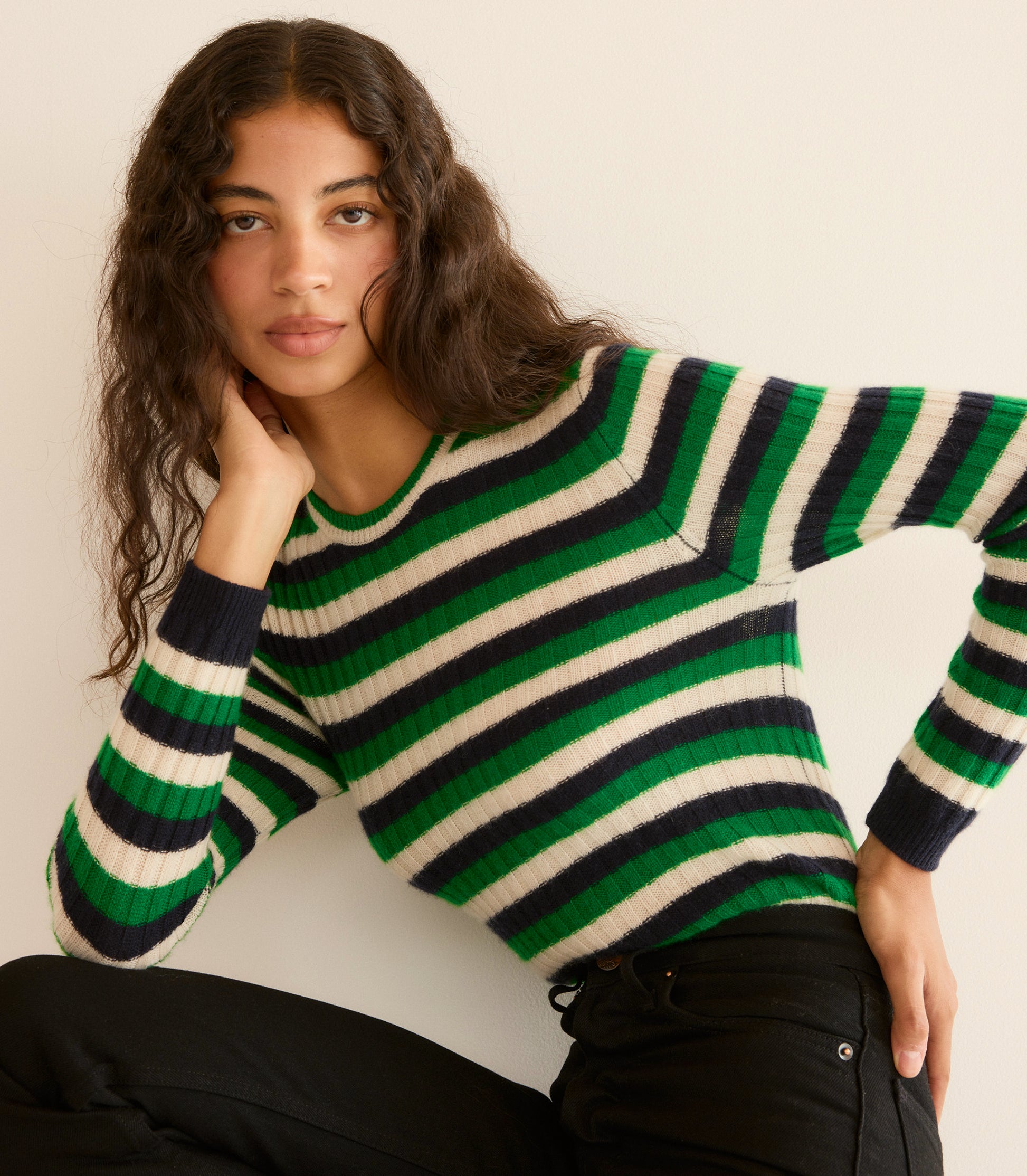 HYERES CASHMERE SWEATER -- VERT CARRINGTON STRIPE view 1
