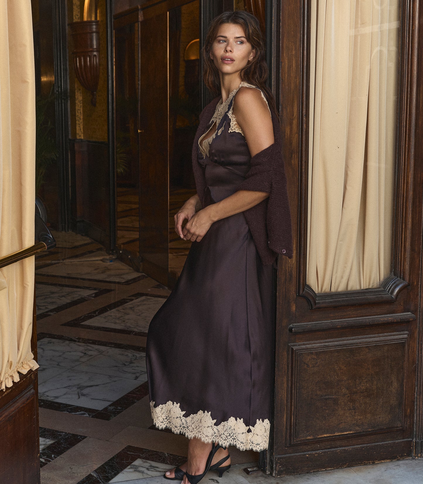 JULITTA DRESS -- EQUESTRIAN BROWN WITH CREAM LACE